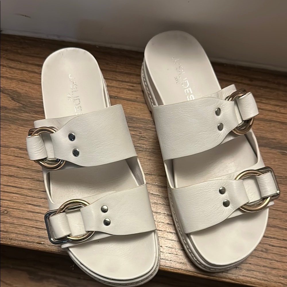 White Double-Buckle Slide Sandals with Cushioned Footbed